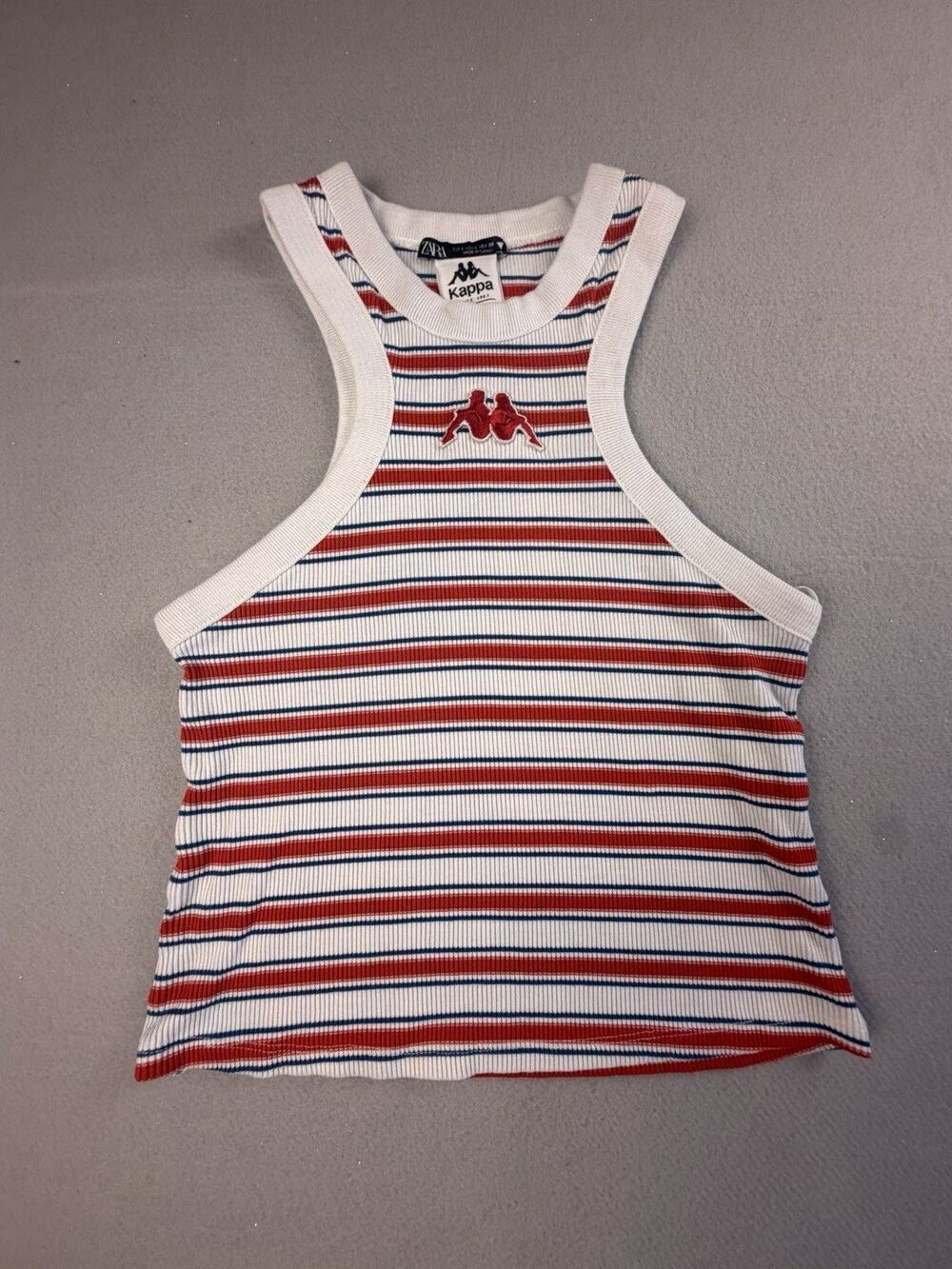 ZARA x Kappa Ribbed Knit Striped Racerback Tank Logo White Red Blue Women's L